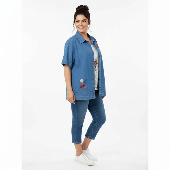 Ms. Lee 3X Blue Denim Shirt - 2 PC Look w/ Colorful Embroidery 100% Cotton - Picture 2 of 4